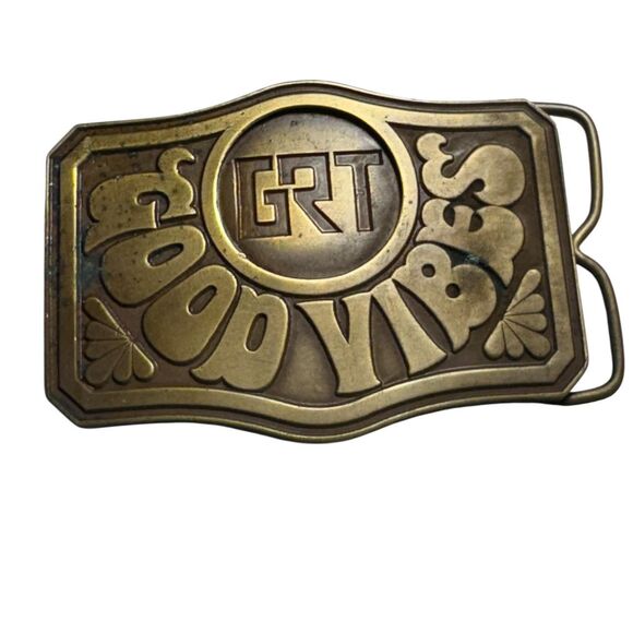 Vintage GRT Record Label 1970s Good Vibes Brass Tone Belt Buckle MINT RARE - Picture 1 of 5